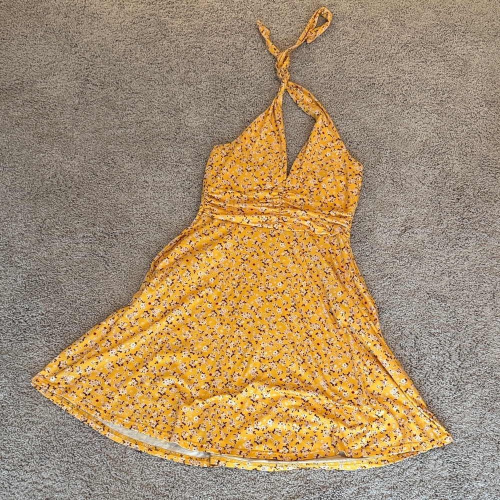 Yellow Floral Halter Midi Dress WITH POCKETS
